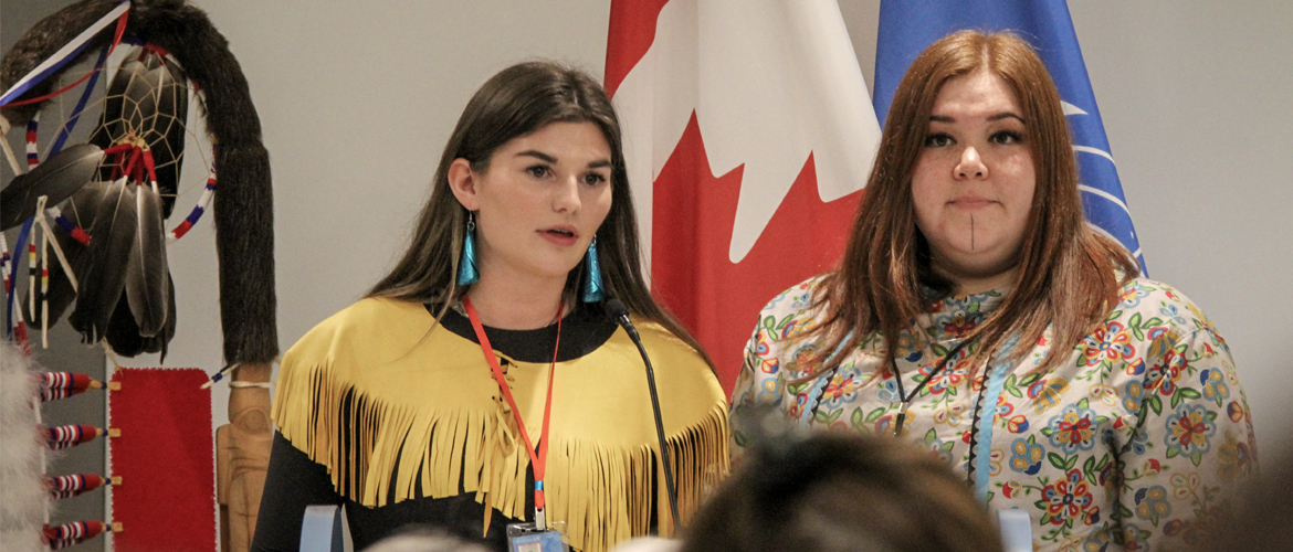 Métis Youth Delegate Tracie Léost and Inuit Youth Delegate Sarah Jancke speaking at the event