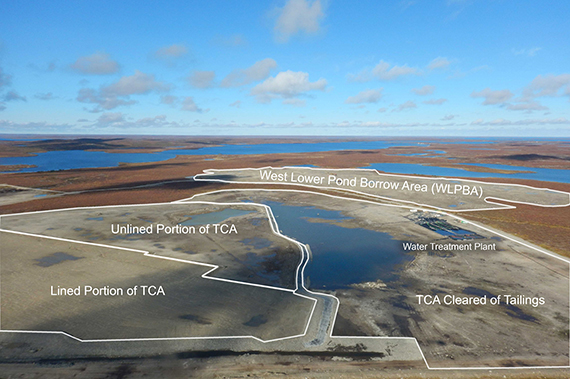 This image outlines the various sections of the Tundra Mine Remediation Site. From left to right: the lined portion of the Tailings Containment Area (TCA), the unlined portion of the TCA, the West Lower Pond Borrow Area, the water treatment plant, and the TCA cleared of tailings.