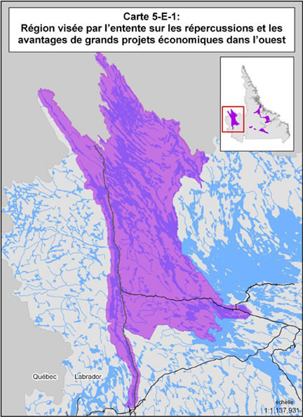 Carte 5-E-1 : Région visée par l'entente sur les répercussions et les avantages de grands projets économiques dans l'ouest du Labrador