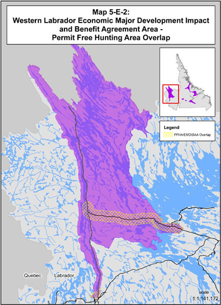 Map 5-E-2 Western Labrador Economic Major Development Impacts and Benefits Agreement Area-Permit Free Hunting Area Overlap