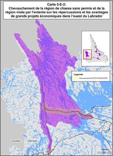 Carte 5-E-2 : Chevauchement de la région de chasse sans permis et de la région visée par l'entente sur les répercussions et les avantages de grands projets économiques dans l'ouest du Labrador