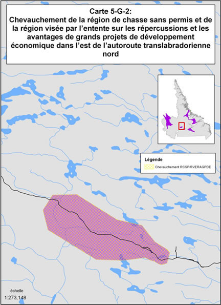 Carte 5-G-2 : Chevauchement de la région de chasse sans permis et de la région visée par l'entente sur les répercussions et les avantages de grands projets de développement économique dans l'est de l'autoroute translabradorienne nord