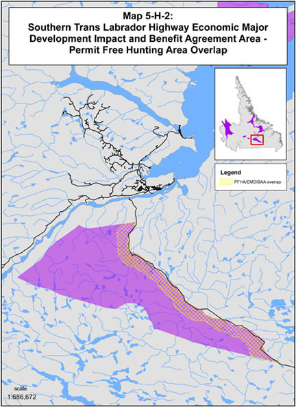 Map 5-H-2 Southern Trans Labrador Highway Economic Major Development Impacts and Benefits Agreement Area-Permit Free Hunting Area Overlap