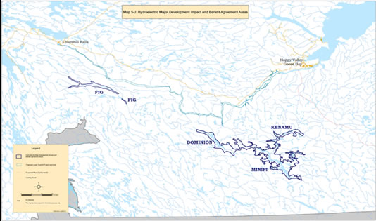 Map 5-J: Hydroelectric Major Development Impacts and Benefits Agreement Areas