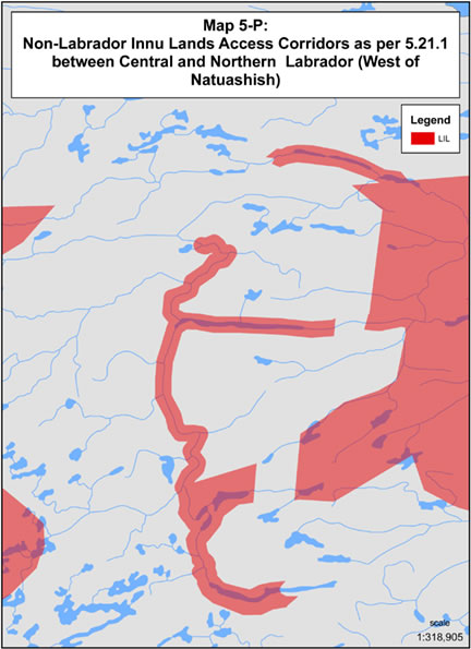 Map 5-P: Non-Labrador Innu Access Corridors as per 5.21.1 between Central and Northern Labrador (West of Natuashish)
