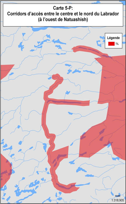 Carte 5-P : Corridors d'accès entre le centre et le nord du Labrador (à l'ouest de Natuashish)
