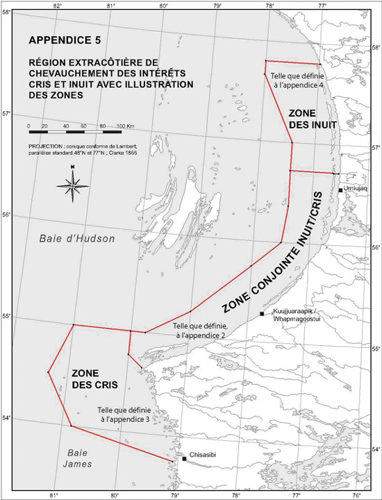 Appendice 5 - Carte de la région extracôtière de chevauchement des intérêts Cris et Inuit avec illustration des zones