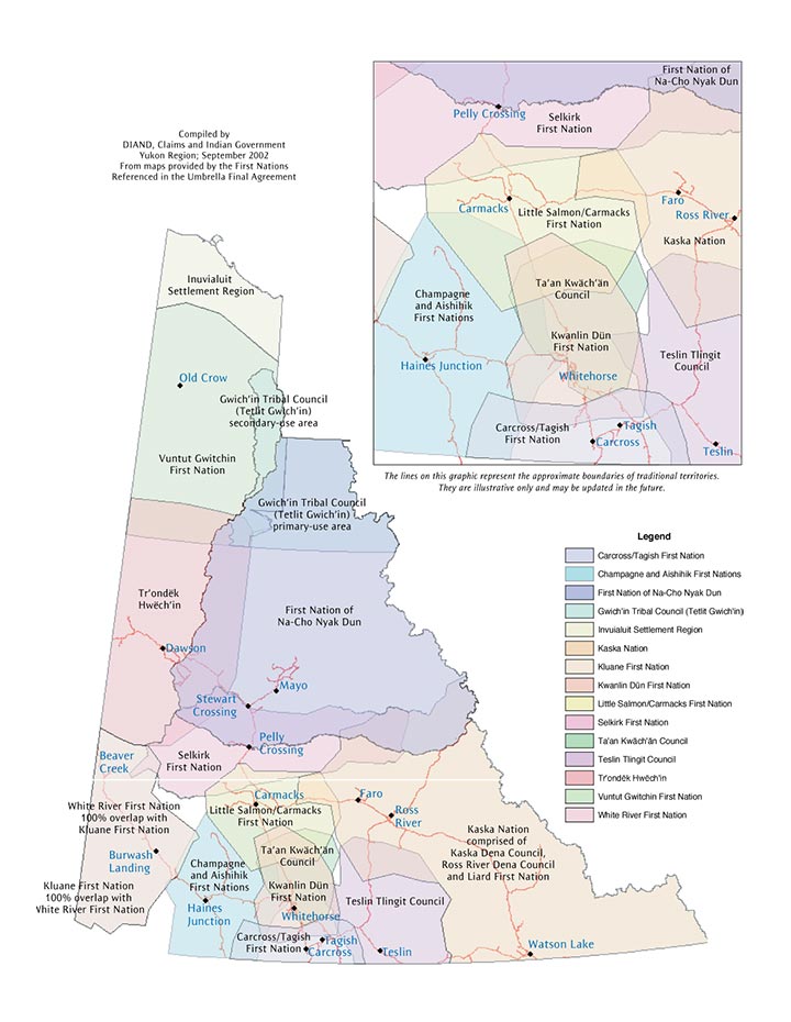 Traditional territory map of Champagne and Aishihik First Nations, (Haines Junction), First Nation of Nacho Nyak Dun, (Mayo), Vuntut Gwitchin First Nation, (Old Crow), Teslin Tlingit Council, (Teslin), Little Salmon/Carmacks First Nation, (Carmacks), Selkirk First Nation, (Pelly Crossing), Tr’ondëk Hwëch’in, (Dawson), Ta’an Kwach’an Council, (Whitehorse), Kluane First Nation, (Burwash Landing), Kwanlin Dun First Nation, (Whitehorse), Carcross/Tagish First Nation, (Carcross).